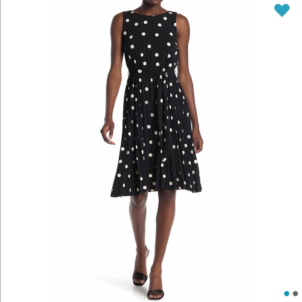 NWT T Tahari Pleated Polka Dot Tie-Waist Dress